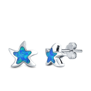 Starfish Stud Earrings Lab Created Blue Opal 925 Sterling Silver (9mm)